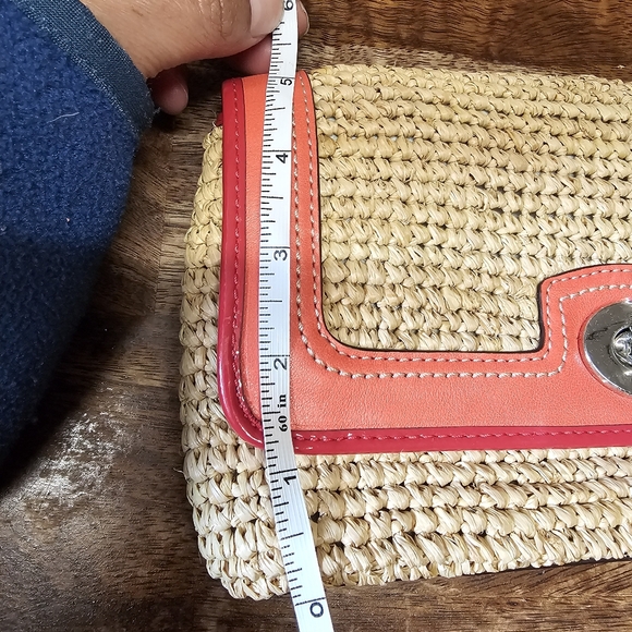 Coach Straw Rafia Flap Clutch Wristlet Natural/Tangerine - Picture 7 of 9
